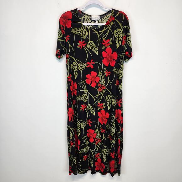 Vintage Dark Romantic Shift Dress Size L Black Red Very Stretchy Slinky Knit - Picture 3 of 9